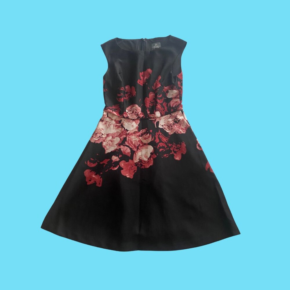 Black midi dress with flowers size small A-line